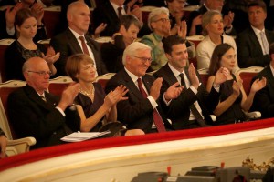 BERLIN, GERMANY - OCTOBER 03: President of the Bundestag Norbert Lammert, Frank-Walter Steinmeier, federal president of Germany and his wife Elke Buedenbender, Matthias Schulz, incoming director of Staatsoper (Berlin's State Opera) and his wife Stephanie Schulz attend the Re-Opening of the Staatsoper Unter den Linden (State Opera Berlin) on October 3, 2017 in Berlin, Germany. (Photo by Franziska Krug/Getty Images for Staatsoper)