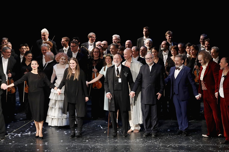 BERLIN, GERMANY - OCTOBER 03: Markus Luepertz, German painter, graphic artist, sculptor and publicist, Juergen Flimm, outgoing director of Staatsoper (Berlin's State Opera) and the ensemble of the opening premiere during the Re-Opening of the Staatsoper Unter den Linden (State Opera Berlin) on October 3, 2017 in Berlin, Germany. (Photo by Franziska Krug/Getty Images for Staatsoper)